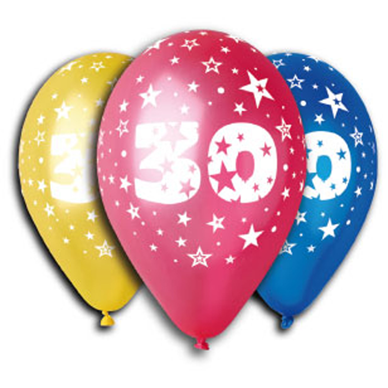 Sachet de 5 ballons anniversaire 30 ans brillant, 13 pouces