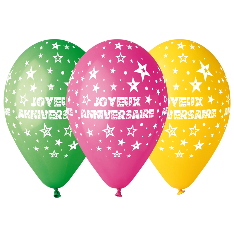 Sachet de 3 ballons anniversaire imprimé Anniversaire Dimensions du Ballon  48 cm Couleurs - texture Multicolore Dessins - Textes Anniversaire